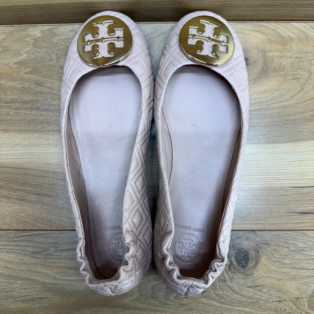 Tory Burch Quilted Reva Flats Womens 7.5 M Pink Gold Logo Office Casual Stretch